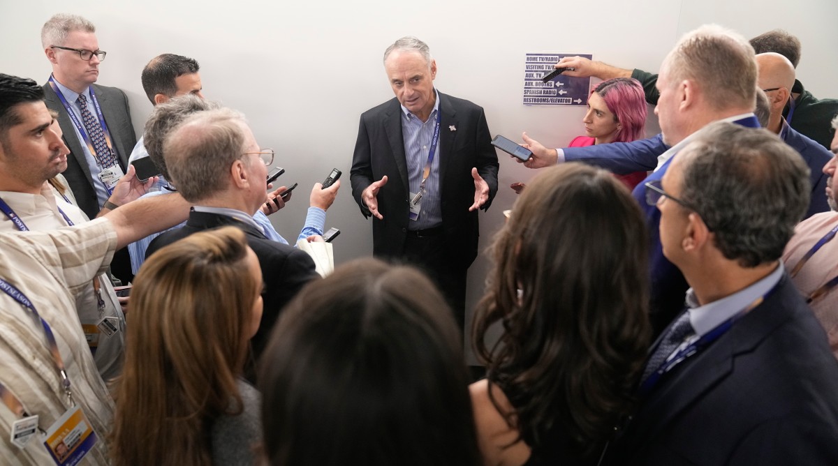 MLB commissioner Rob Manfred speaks with reporters before Game 1 of the World Series.